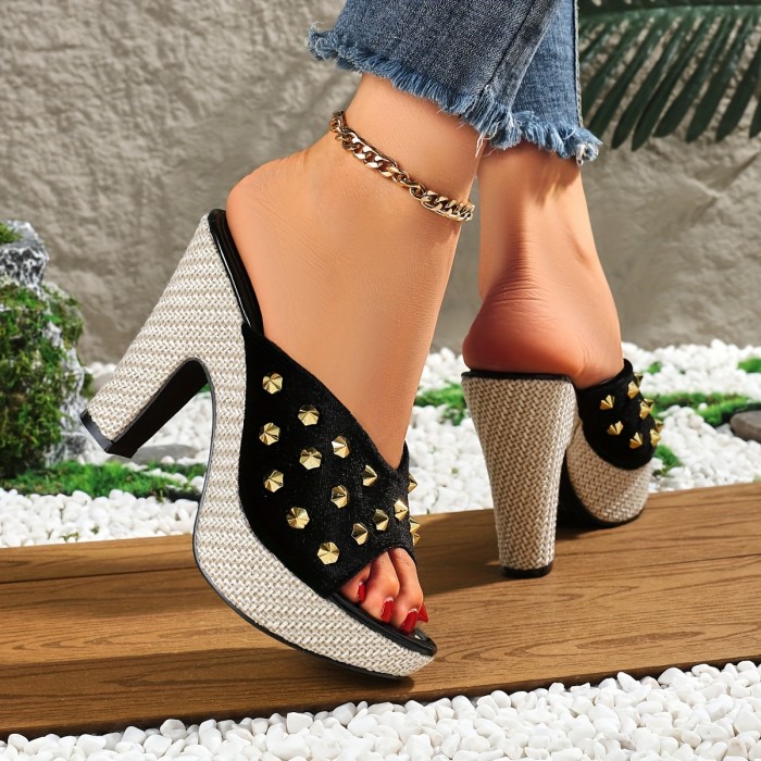 Women's Rivets Decor High Heel Sandals, Fashion Open Toe Dress Pumps, Stylish Slip On Heels