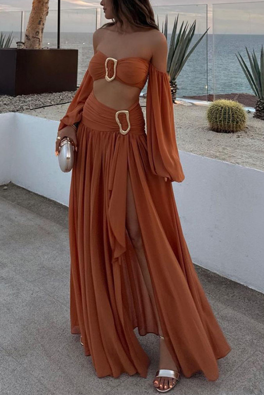 Vacation Chic Chiffon High Rise Flowy Asymmetrical Drape Maxi Skirt