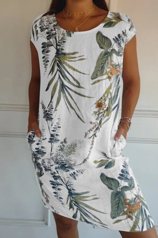 Botanical Print Linen Blend Crew Neck Short Sleeve Pocket Mini Dress