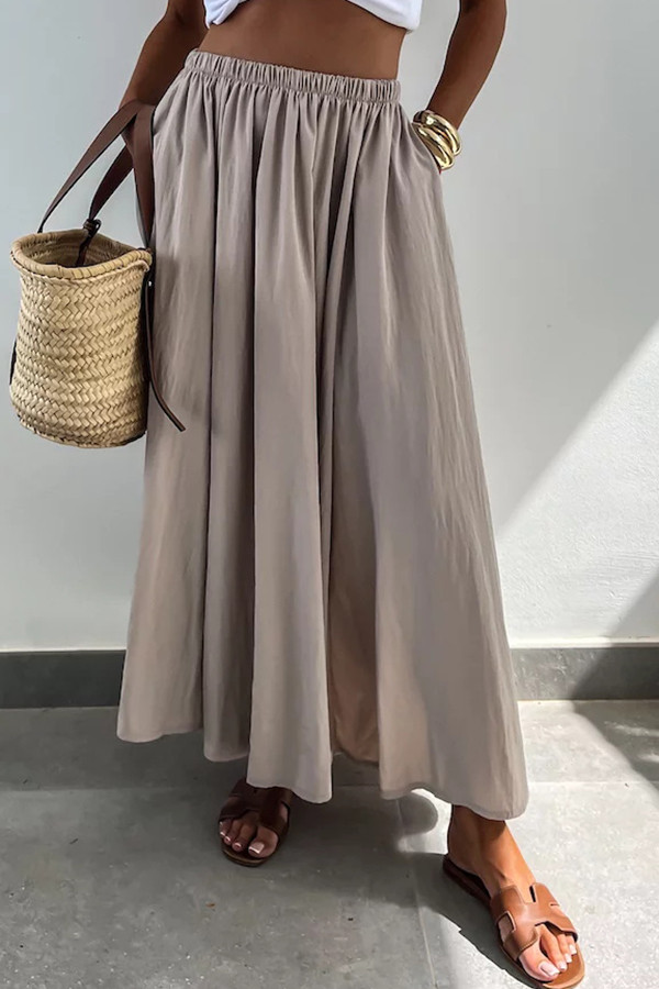 Houston Linen Blend Elastic Waist Pocket Large Hem Casual Long Skirt