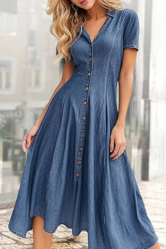 Button Stitched High Waisted Denim Short Sleeved Midi Dress