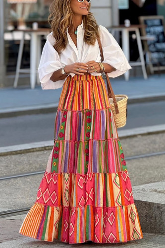 Special Printed Elastic Waist Loose Large Hem Skirt