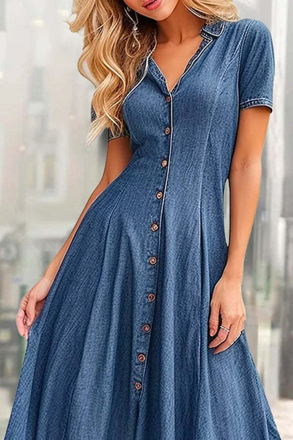 Button Stitched High Waisted Denim Short Sleeved Midi Dress