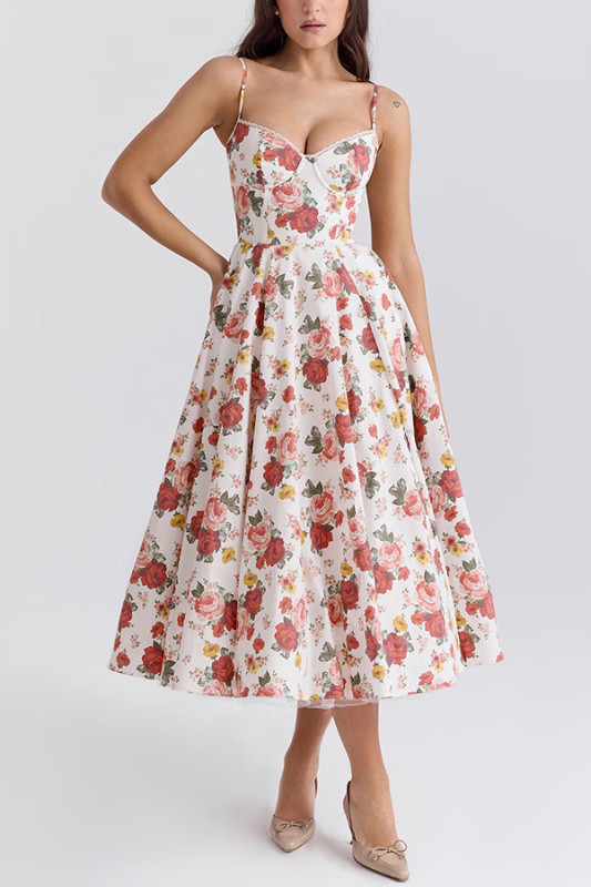 Fairy Tale Gorgeous Italian Rose Print Tulle Pocketed Slip Midi Dress