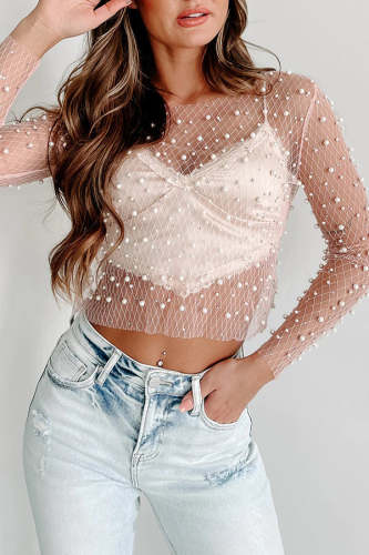 Round Neck See Through Beaded Mesh Lace Shirt