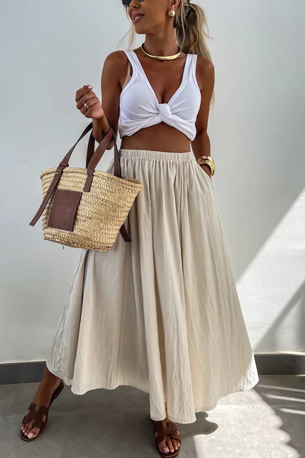 Houston Linen Blend Elastic Waist Pocket Large Hem Casual Long Skirt