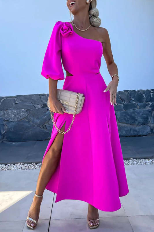 Full of Charm Rose Embellished One Shoulder Cutout Slit Midi Dress