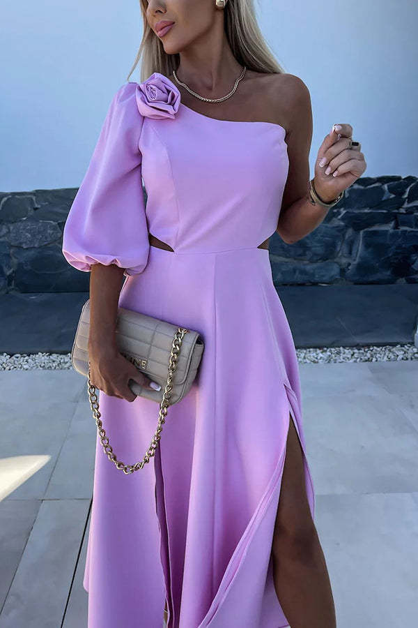 Full of Charm Rose Embellished One Shoulder Cutout Slit Midi Dress