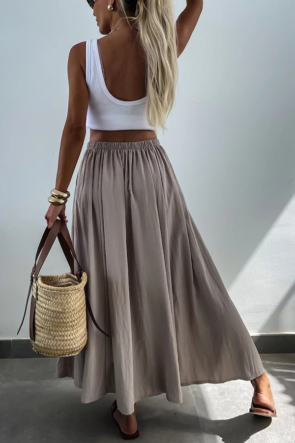 Houston Linen Blend Elastic Waist Pocket Large Hem Casual Long Skirt