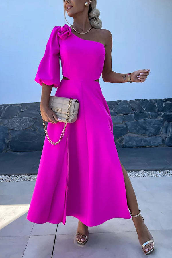 Full of Charm Rose Embellished One Shoulder Cutout Slit Midi Dress