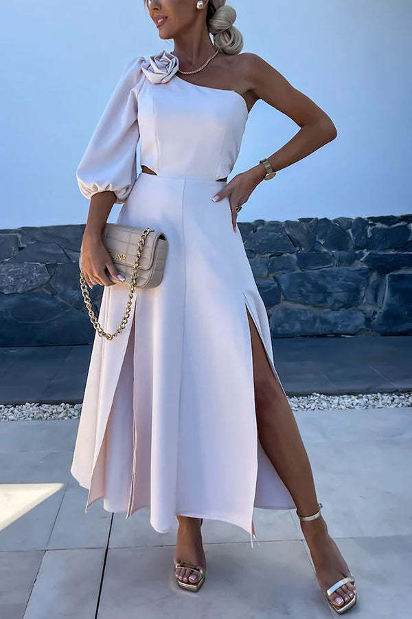 Full of Charm Rose Embellished One Shoulder Cutout Slit Midi Dress