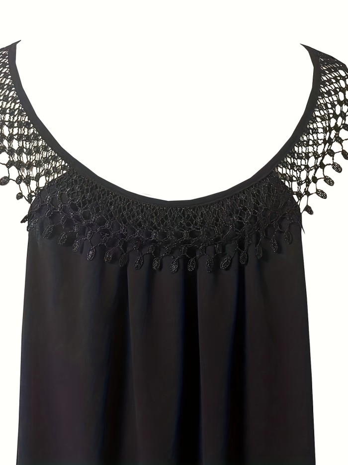 Plus Size Boho Dress, Women's Plus Contrast Lace Round Neck Slight Stretch Loose Fit Dress