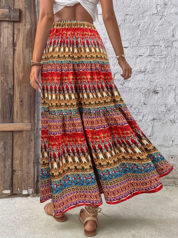 Full Print High Waist Skirt, Boho Ruffle Hem Beach Maxi Skirt, Women's Clothing