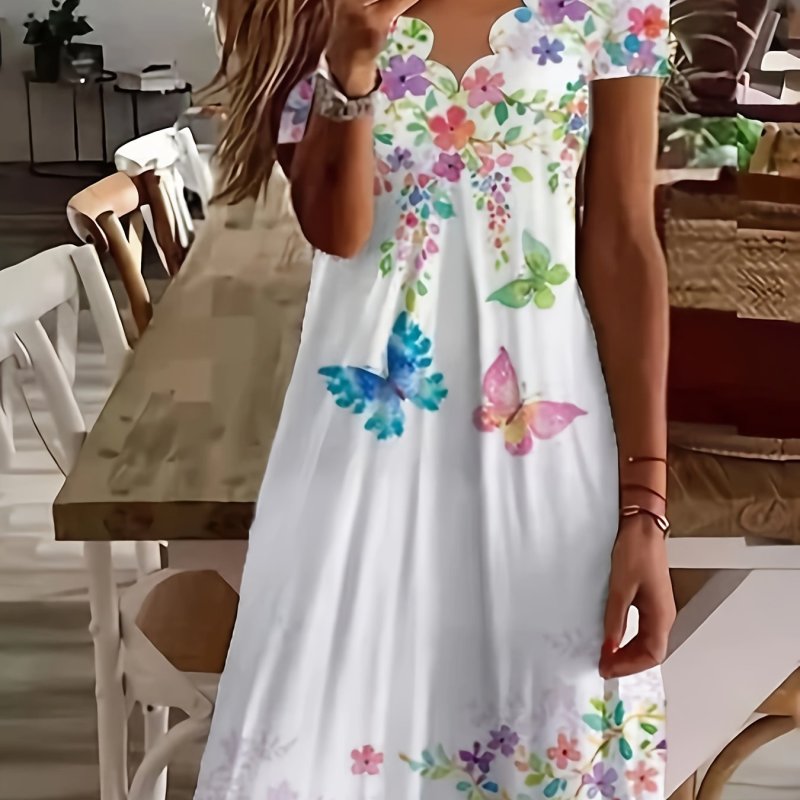 Plus Size Butterfly & Flower Print Dress, Vacation Style Scallop Trim Short Sleeve Dress For Spring & Summer, Women's Plus Size Clothing