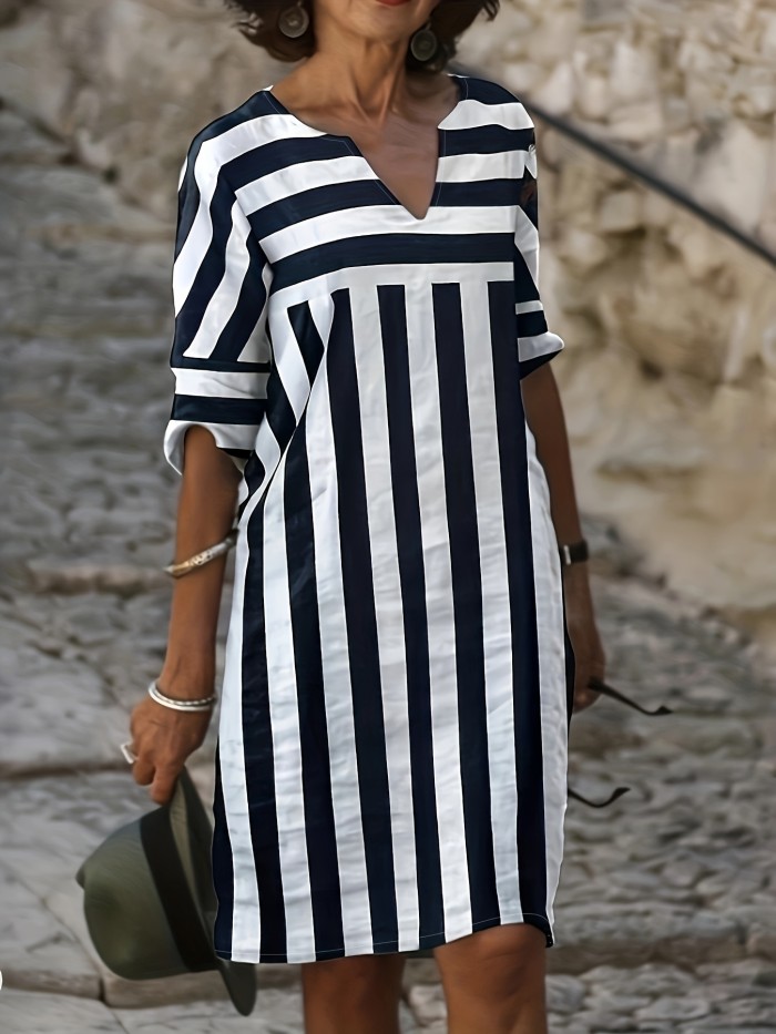 Striped Print Simple Dress, Casual Notched Neck Half Sleeve Dress, Women's Clothing