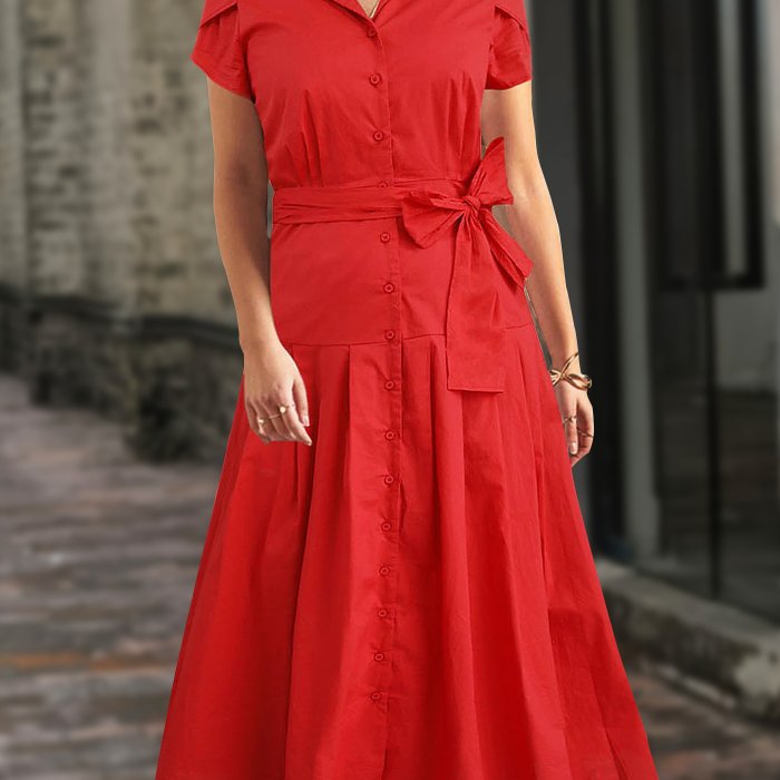 Button Front Lapel Neck Dress, Elegant Pleated Short Sleeve Bow Long Length Dress For Spring & Summer, Women's Clothing