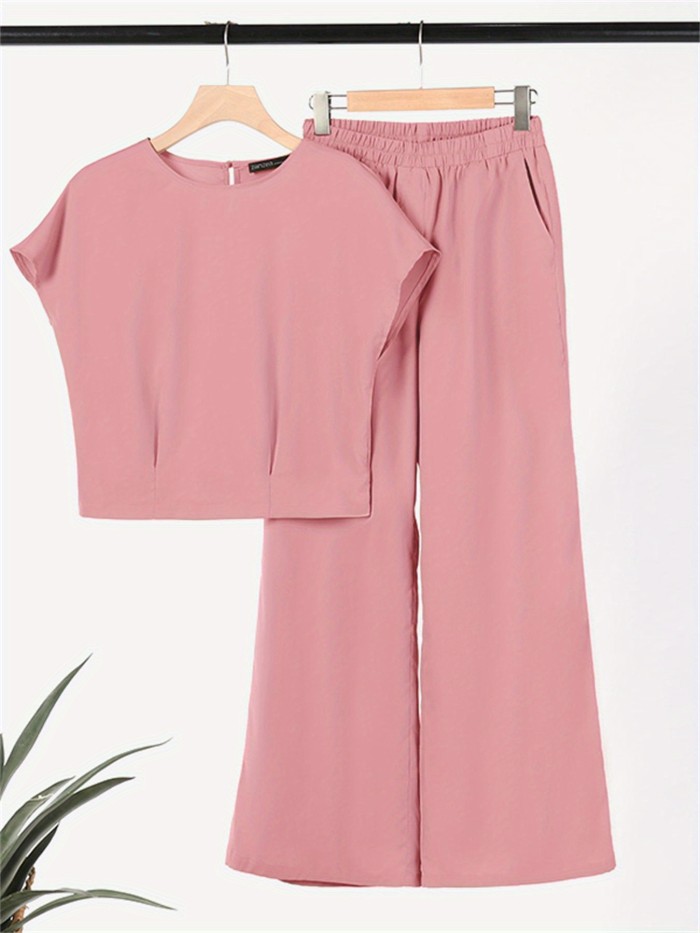 Loose Solid Color Two-piece, Crew Neck Short Sleeve T-shirt & Dual Pocket Pants Outfits, Women's Clothing