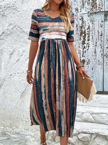 Striped Crew Neck Cinched Waist Dress, Elegant Short Sleeve Midi Dress For Spring & Summer, Women's Clothing