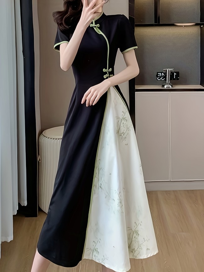 Bamboo Pattern Frog Button Dress, Chinese Color Block Short Sleeve Mandarin Collar A-line Dress For Spring & Summer, Women's Clothing