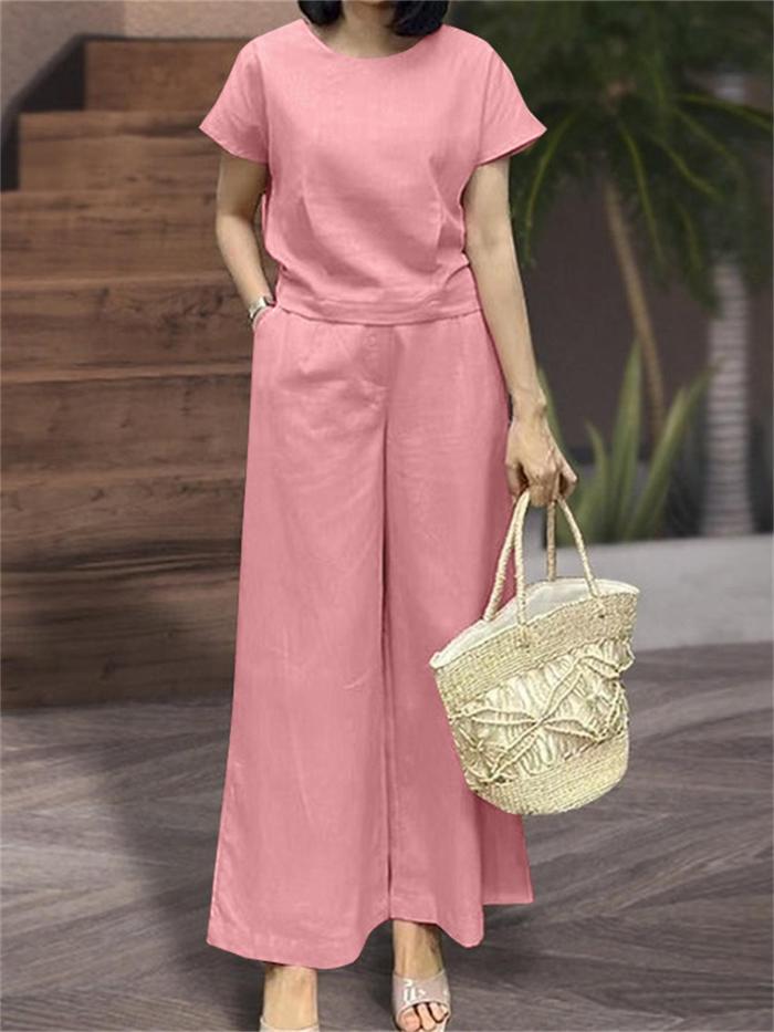 Loose Solid Color Two-piece, Crew Neck Short Sleeve T-shirt & Dual Pocket Pants Outfits, Women's Clothing