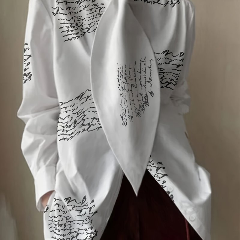 Letter Print Button Front Shirt, Elegant Long Sleeve Tie Front Shirt For Spring & Fall, Women's Clothing