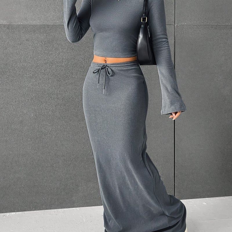 Solid Color Slim Skirt Set, Crop Long Sleeve Mock Neck Top & Drawstring Maxi Length Fit Skirt Outfits, Women's Clothing