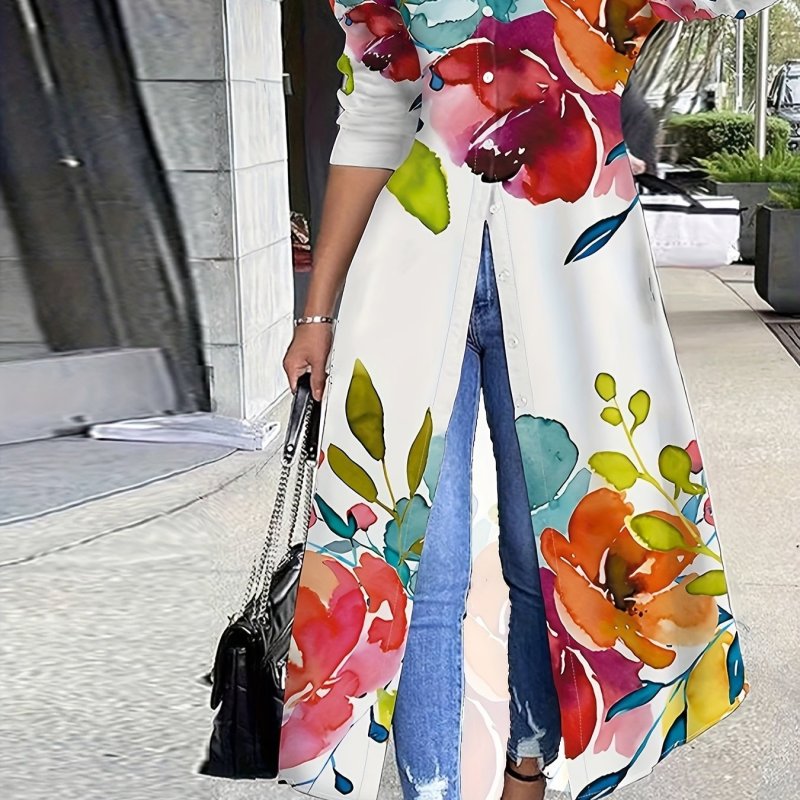 Plant Print Button Front Tunics, Casual Long Sleeve Top For Spring & Fall, Women's Clothing