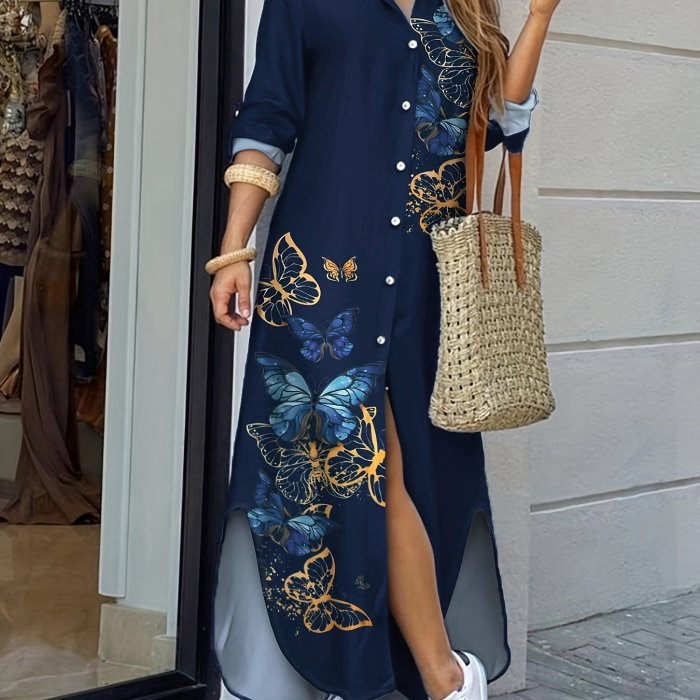 Butterfly Print Shirt Dress, Casual Maxi Long Sleeve Button Front Dress, Women's Clothing
