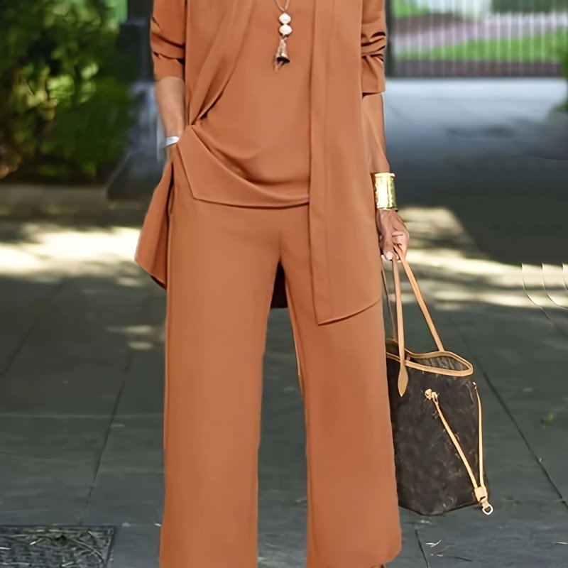Casual Three-piece Solid Set, Long Sleeve Cardigan & Top & Long Pants Outfits, Women's Clothing