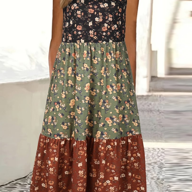 Color Block Floral Print Tank Dress, Casual Crew Neck Tiered Tank Dress, Women's Clothing