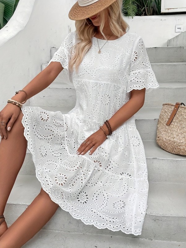 Eyelet Embroidery Solid Dress, Casual Short Sleeve Crew Neck Dress For Spring & Summer, Women's Clothing