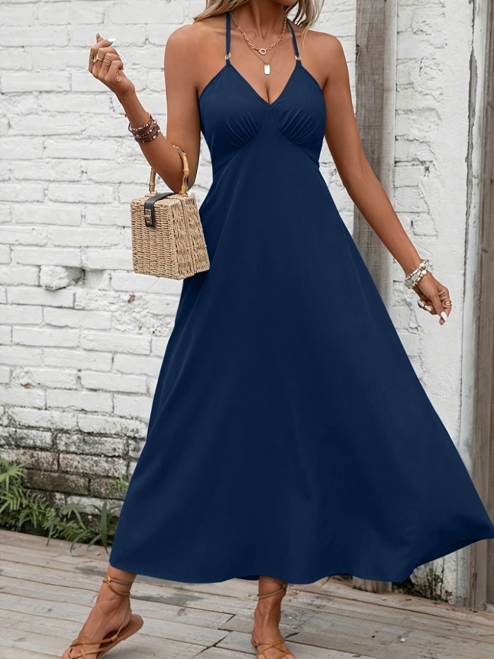 Bow Back Spaghetti Strap Backless Dress, Elegant Sleeveless Cami Dress For Spring & Summer, Women's Clothing