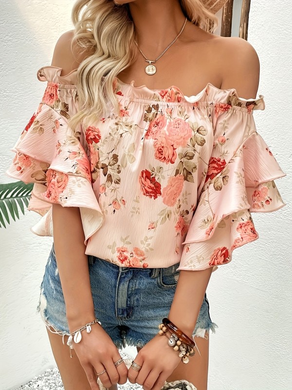 Floral Print Off Shoulder Blouse, Casual Layered Ruffle Sleeve Blouse For Spring & Summer, Women's Clothing