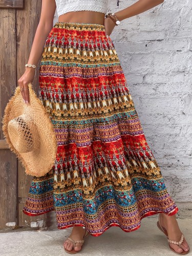 Full Print High Waist Skirt, Boho Ruffle Hem Beach Maxi Skirt, Women's Clothing