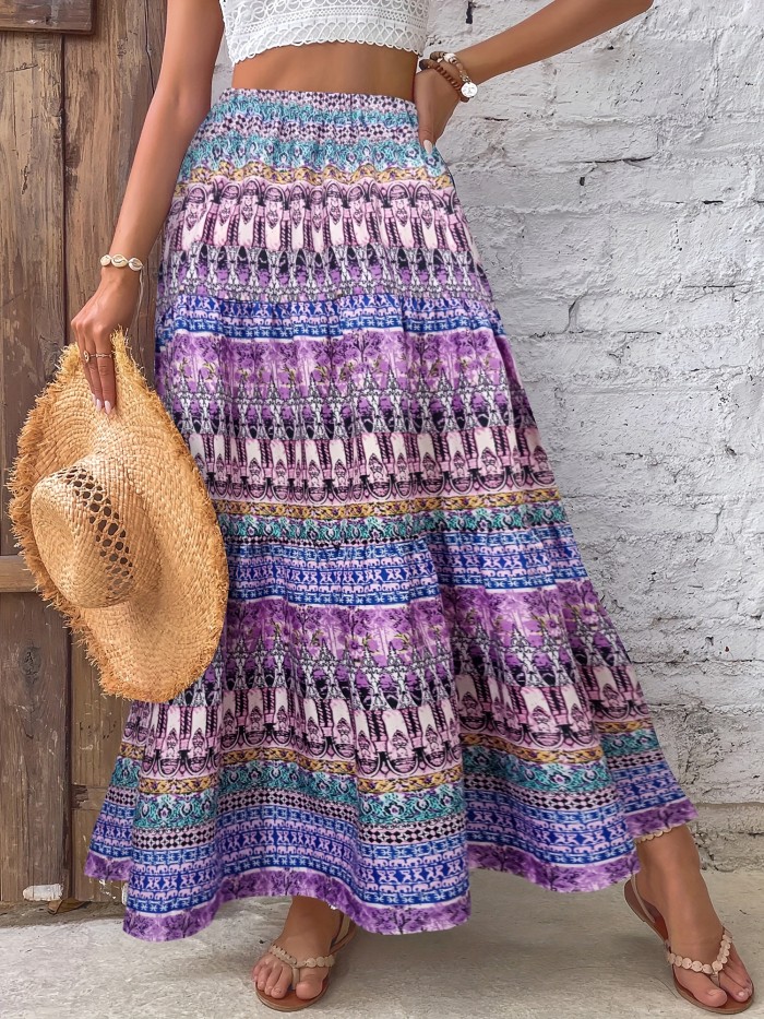 Full Print High Waist Skirt, Boho Ruffle Hem Beach Maxi Skirt, Women's Clothing