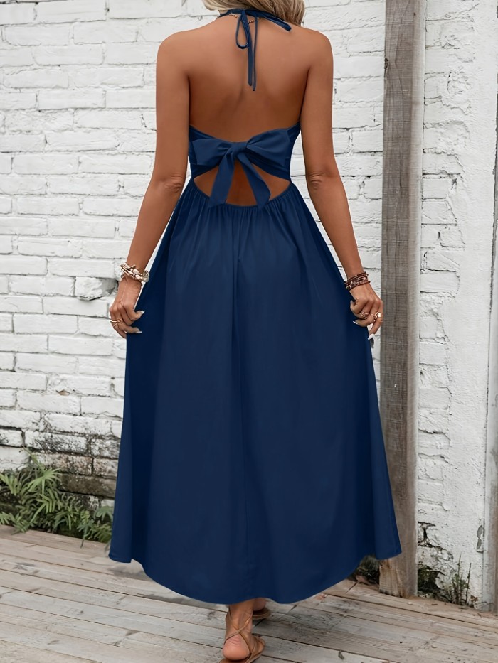 Bow Back Spaghetti Strap Backless Dress, Elegant Sleeveless Cami Dress For Spring & Summer, Women's Clothing