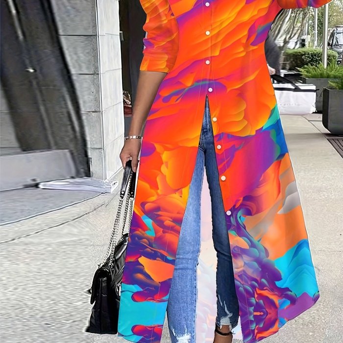 Plant Print Button Front Tunics, Casual Long Sleeve Top For Spring & Fall, Women's Clothing