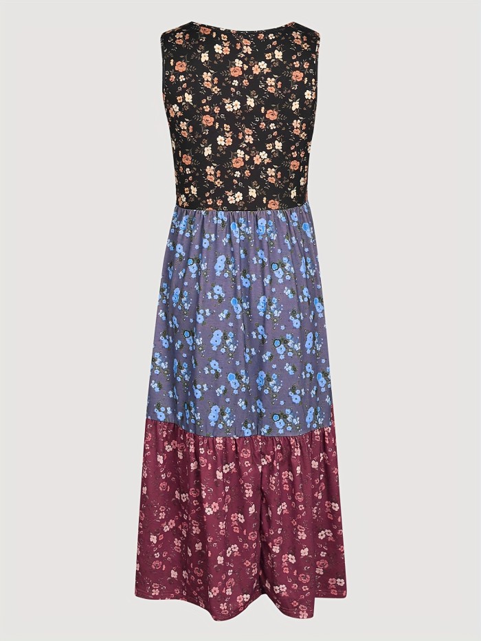 Color Block Floral Print Tank Dress, Casual Crew Neck Tiered Tank Dress, Women's Clothing
