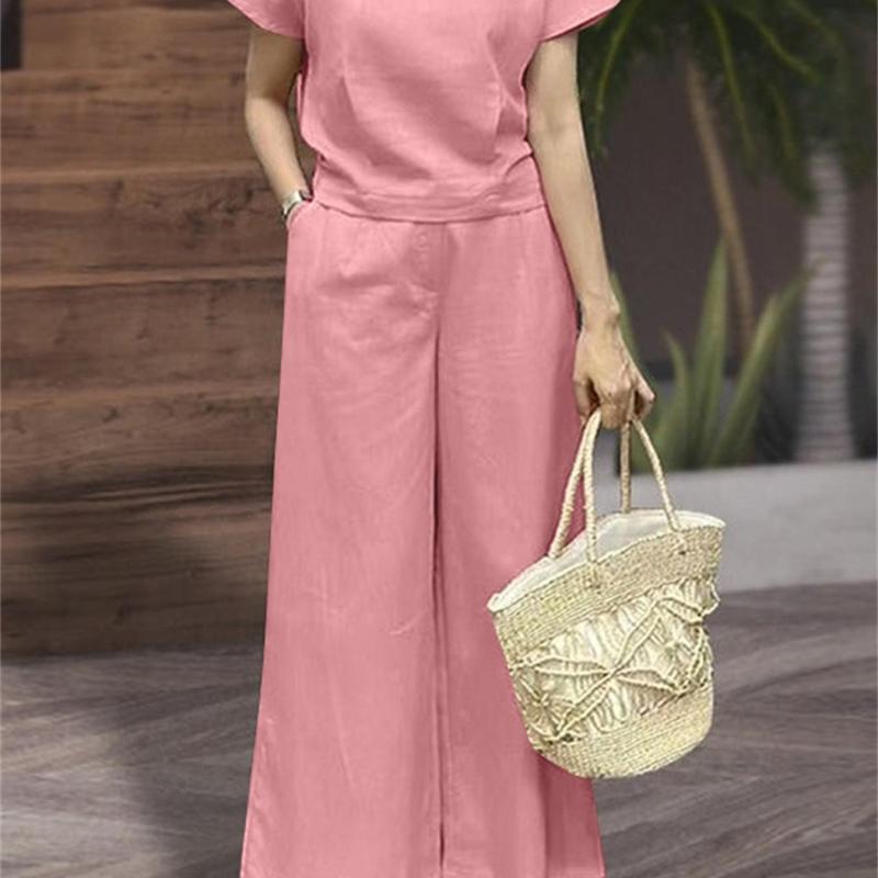 Loose Solid Color Two-piece, Crew Neck Short Sleeve T-shirt & Dual Pocket Pants Outfits, Women's Clothing