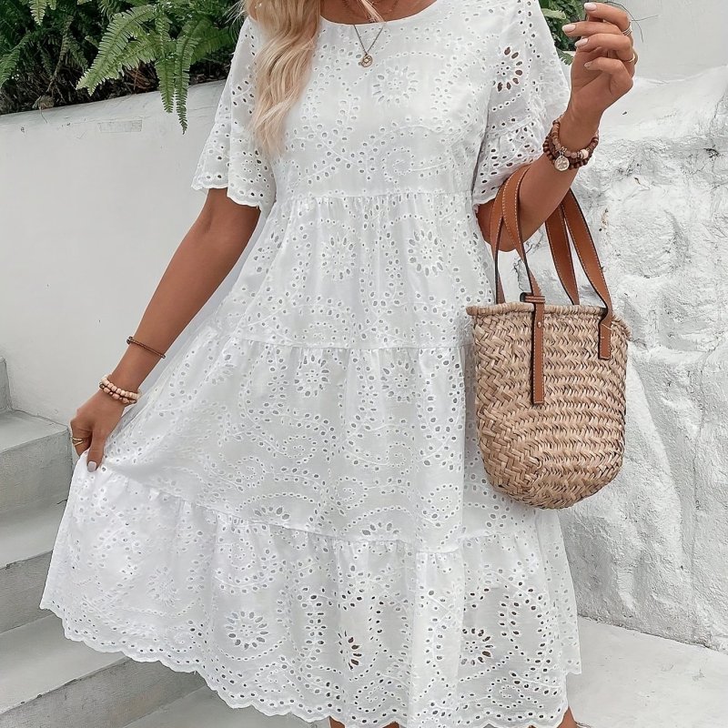 Eyelet Embroidery Solid Dress, Casual Short Sleeve Crew Neck Dress For Spring & Summer, Women's Clothing