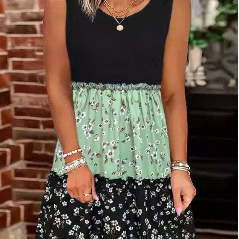 Floral Print Color Block Crew Neck Dress, Boho Sleeveless Tank Dress For Summer, Women's Clothing