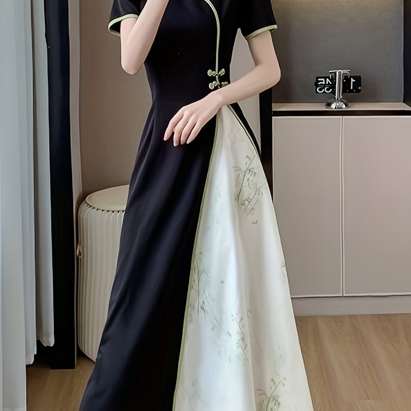 Bamboo Pattern Frog Button Dress, Chinese Color Block Short Sleeve Mandarin Collar A-line Dress For Spring & Summer, Women's Clothing