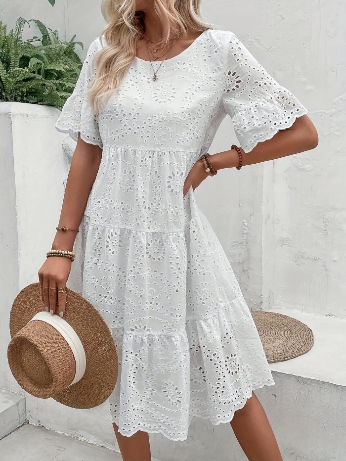Eyelet Embroidery Solid Dress, Casual Short Sleeve Crew Neck Dress For Spring & Summer, Women's Clothing