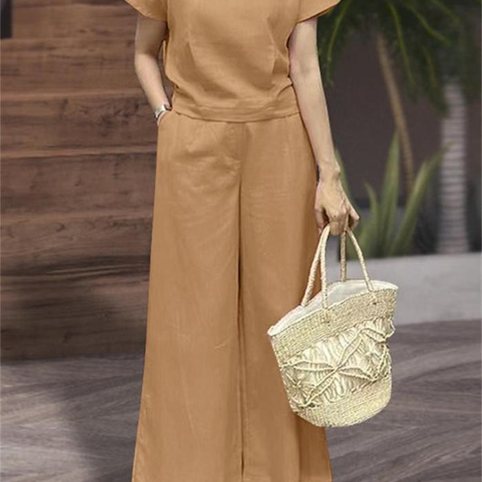 Loose Solid Color Two-piece, Crew Neck Short Sleeve T-shirt & Dual Pocket Pants Outfits, Women's Clothing