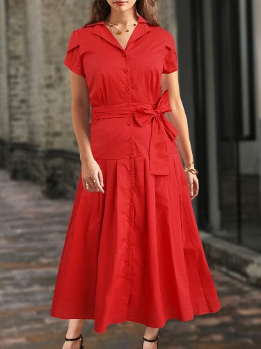 Button Front Lapel Neck Dress, Elegant Pleated Short Sleeve Bow Long Length Dress For Spring & Summer, Women's Clothing