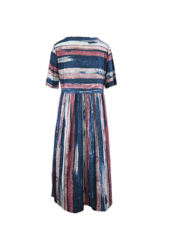 Striped Crew Neck Cinched Waist Dress, Elegant Short Sleeve Midi Dress For Spring & Summer, Women's Clothing