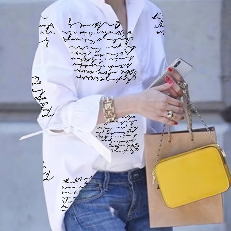 Letter Print Button Front Shirt, Elegant Lace Up Ruffle Sleeve Shirt, Women's Clothing