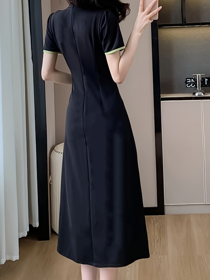 Bamboo Pattern Frog Button Dress, Chinese Color Block Short Sleeve Mandarin Collar A-line Dress For Spring & Summer, Women's Clothing