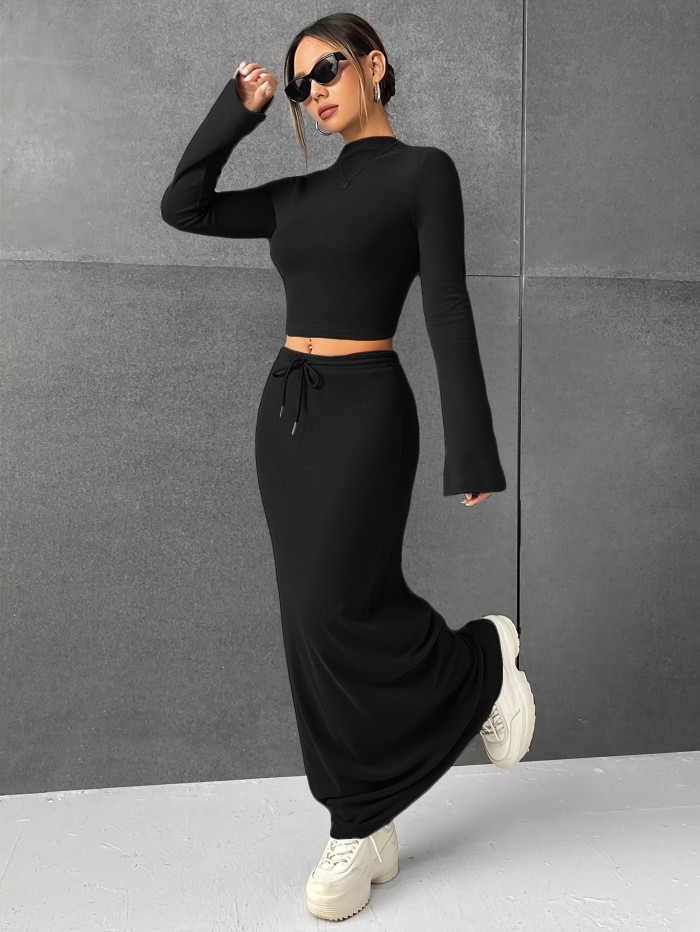 Solid Color Slim Skirt Set, Crop Long Sleeve Mock Neck Top & Drawstring Maxi Length Fit Skirt Outfits, Women's Clothing
