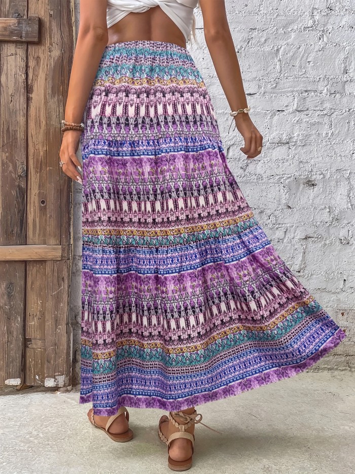 Full Print High Waist Skirt, Boho Ruffle Hem Beach Maxi Skirt, Women's Clothing